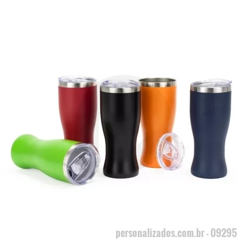 Copo personalizado - Copo térmico com capacidade máxima de 480ml. Possui estrutura de parede dupla em formato tipo tulipa, com interior em inox 304 e exterior em inox 201 com pintura eletrostática. Conta com tampa de pressão em plástico poliestireno (PS) com protetor deslizante para o bocal e anel de vedação em silicone.