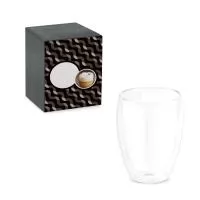 Copo em vidro borossilicato com parede dupla, isolada a ar. Capacidade at&eacute, 350 mL. Fornecido em caixa presente personalizável. Certificação EU Food Grade. ø89 x 113 mm | Caixa: 95 x 95x 125 mm