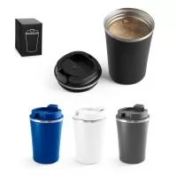 Copo de viagem em aço inox e PP, térmico com parede dupla isolada a vácuo. Capacidade até 470 mL. Acabamento mate e revestimento em pó que lhe confere mais durabilidade e resistência. Preserva as bebidas quentes por 8h e frias por 24h. Fornecido em c