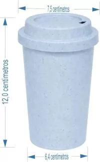 Copo com capacidade de 400 ml produzido em polipropileno com composição em fibra de arroz, acompanhado de tampa modelo MUG, com peso aproximado de 38 gramas, altura de 12,0 cm, diâmetro da boca de 7,5 cm e base de 6,4 cm, desenvolvido para oferecer r