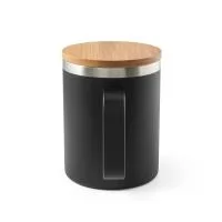 Copo de viagem térmico produzido em aço inox com 90% de material reciclado, estrutura de parede dupla isolada a vácuo, tampa em bambu e capacidade de até 420 mL. O revestimento externo em pó contribui para maior resistência ao uso frequente e ajuda a
