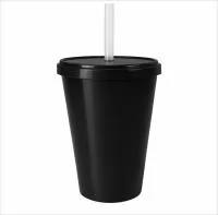 Copo com capacidade de 350 ml produzido em polipropileno, com peso aproximado de 26 gramas, altura de 10,6 cm, diâmetro da boca de 7,5 cm e base de 6,0 cm, acompanhado de tampa e canudo que proporcionam melhor vedação e praticidade no consumo de bebi