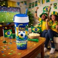 Copo com capacidade de 550 ml produzido em polipropileno, com peso aproximado de 62 gramas, altura de 14,5 cm, diâmetro da boca de 8,7 cm e base de 6,3 cm, acompanhado de tampa com compartimento porta snacks integrado e com possibilidade de personali
