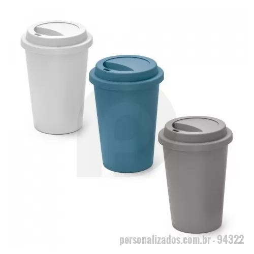 Copo Plástico personalizado - Copo de viagem com tampa e corpo em PP. Capacidade até 450 mL. Certificação EU Food Grade.