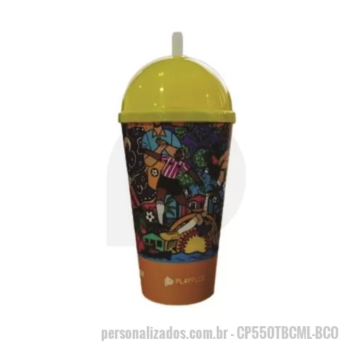 Copo Plástico personalizado - copo 550 ml com tampa bola e canudo em mold label