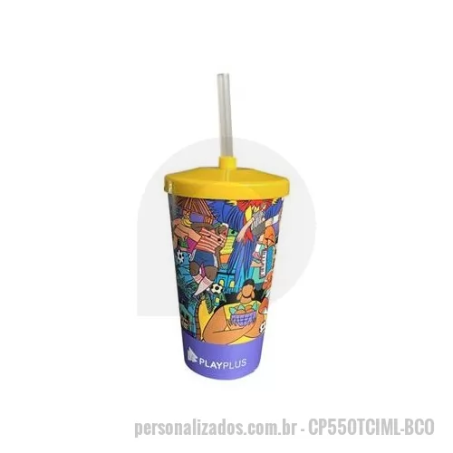 Copo Plástico personalizado - copo 550 ml com tampa e canudo mold label