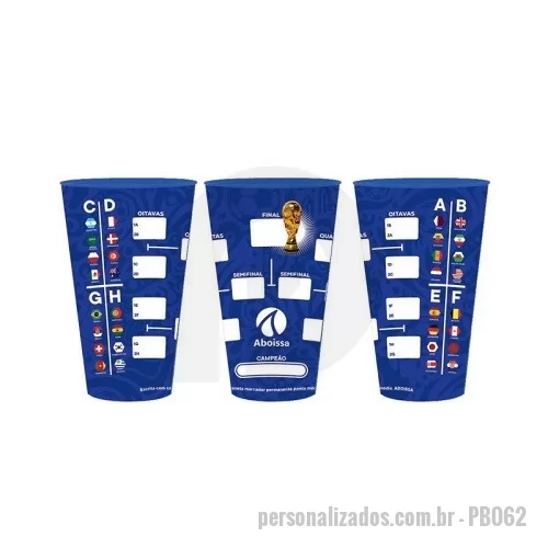 Copo Plástico personalizado - Copo Tabela Copa do Mundo 550ml Acompanhe a cada passagem de fase e complete até a final! Copo Plástico personalizado Imold Label fabricado em polipropileno P.P ou poliestireno P.S Cristal de 550ml. Produto em plástico não descartável com alta durabilidade. Produto Atóxico, inodoro e térmico; Copo com tecnologia de impressão 360º InMold Label, uma excelente ideia de colocar sua marca na tabela. Divulgando a sua marca de forma criativa em alta resolução. Sua marca em todos os jogos! Escrita com caneta marcador permanente ponta média (não acompanha a caneta)
