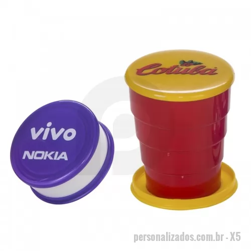 Copo sanfonado personalizado - Copo retratil 150 ml - tampa e base colorido, Tamanho: 6,8 x 2,8 (fechado) 6,8 x 7,6 (aberto)