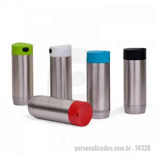 Copo térmico personalizado - Copo inox 420ml com tampa rosqueável e parede dupla. Tampa plástica com abertura para bocal e botão acionador para liberação da passagem de líquido. Obs.: Conserva temperatura.