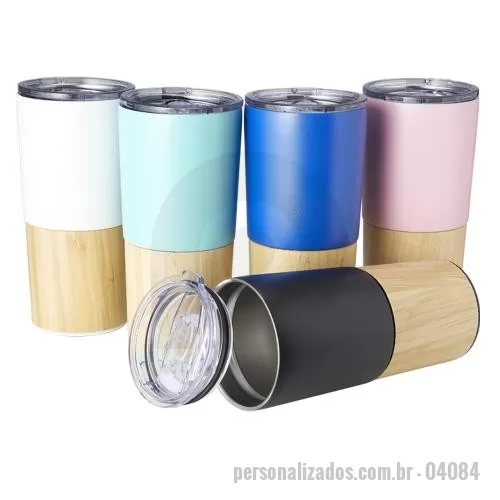 Copo térmico personalizado - Copo térmico de inox 600ml com parede dupla e detalhe de bambu. Tampa com acesso ao bocal e trava de segurança.