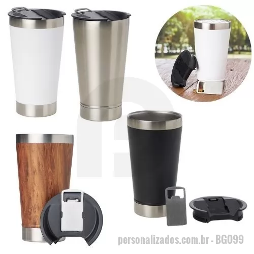 Copo térmico personalizado - Copo Térmico - 500ml. Aço inoxidável com parede dupla, tampa em PVC com ajuste seguro e abridor de garrafas em aço integrado, conserva gelado até 4 horas e quente até 1 hora, indicada para cerveja, por mantê-la gelada até o final e possuir uma boca larga que facilita a formação de espuma, pintura epóxi, pode ser lavada na lava-louças. Gravação Laser (Copo e Abridor). Tamanho 17x9,5 (Diam.) cm. 