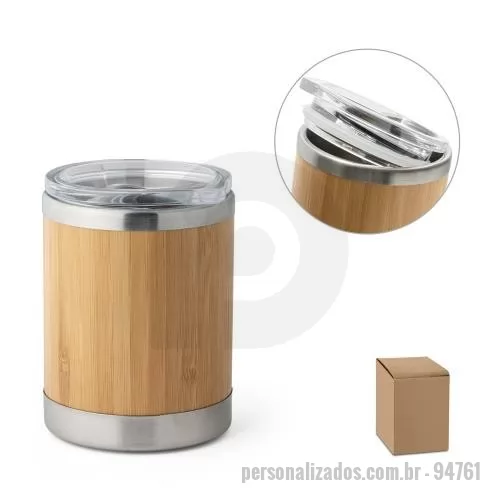 Copo térmico personalizado - Copo de bambu e aço inox de parede dupla isolada a ar e tampa AS com fecho deslizante. Capacidade até 350 ml. Food grade. Fornecido em caixa presente de papel craft.