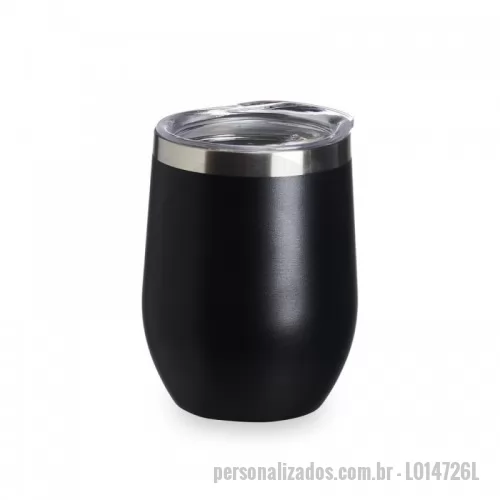 Copo térmico personalizado - Copo térmico 320ml de parede dupla em inox livre de BPA, contém tampa com bocal.  Altura :  11,7 cm  Largura :  8,7 cm  Circunferência :  27,7 cm  Medidas aproximadas para gravação (CxL):  6 cm X 8 cm  Peso aproximado (g):  173  AZUL	BRANCO	PRETO	ROSA VERMELHO	 	 	 