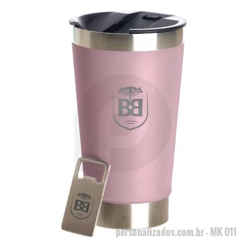 Copo térmico personalizado - Copo térmico 473ml com abridor embutido na tampa. Gravação indelével da logo a laser no copo e no abridor. Um presente inovador, útil e durável; garantindo a visibilidade da sua marca por muitos anos. Despachamos com frete pago para Sul, Sudeste e Centro-Oeste