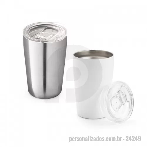 Copo térmico personalizado - Copo de viagem para sublimação com parede dupla em aço inox (térmico). Inclui tampa transparente com abertura deslizante. Capacidade até 380ml. Food grade. Fornecido em caixa. ø77 x 120 mm