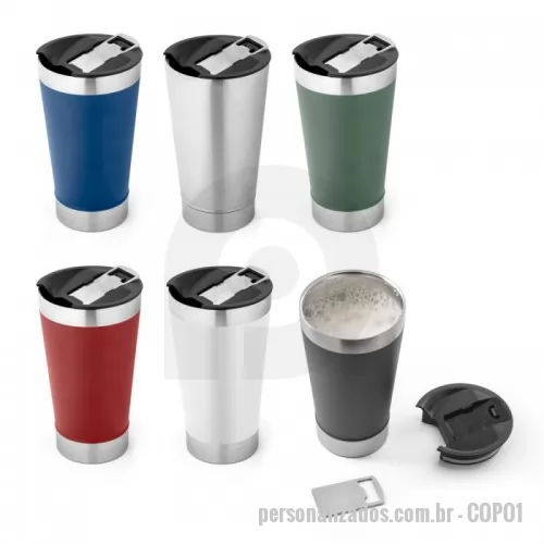 Copo térmico personalizado - Copo térmico importado de inox com acabamento liso, material livre de BPA. Contém tampa com abridor.