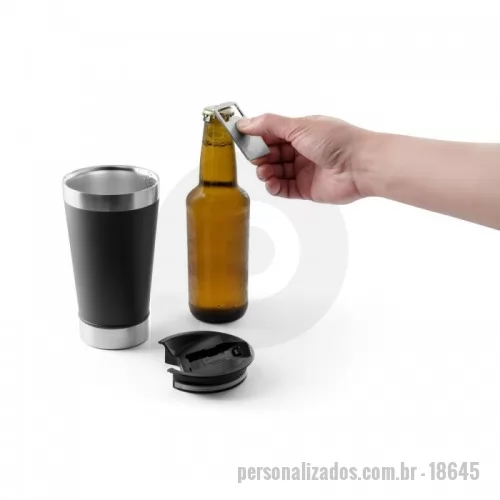 Copo térmico personalizado - Copo de viagem térmico em aço inox com parede dupla isolada a vácuo. A tampa inclui um abridor de garrafas. Ideal para preservar as suas bebidas frias ou quentes. Capacidade até 630 mL. Fornecido em caixa presente em kraft. ø97 x 171 mm