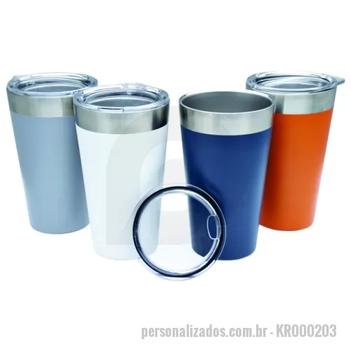 Copo térmico personalizado - Copo térmico com capacidade de 473ml feito em inox com parede dupla, acompanha tampa acrílica de encaixe com bocal.  Altura :  14,9 cm  Largura :  9,4 cm