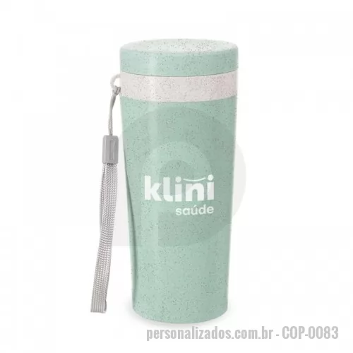 Copo térmico personalizado - Copo térmico de fibra de bambu de 350ml com alça. Copo produzido em Polipropileno livre de BPA, possui uma tampa de vedação rosqueável e alça de nylon (removível) para transporte. O copo pode ser levado a lava-louças, geladeiras e micro-ondas.