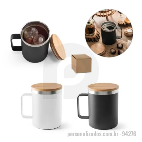 Copo térmico personalizado - Copo de viagem em aço inox, térmico com parede dupla isolada a vácuo e tampa em bambu. Capacidade até 420 mL. 