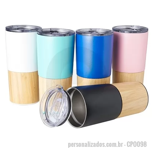 Copo térmico personalizado - Copo Térmico Parede Dupla e Detalhe em Bambu