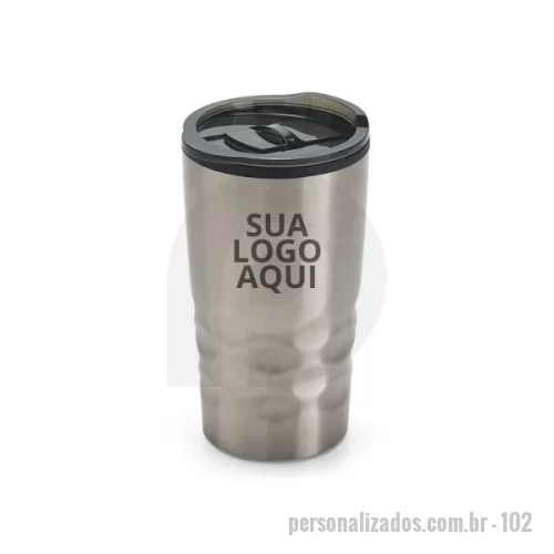 Copo térmico personalizado - Copo térmico Personalizado . Brinde para empresas: Copo de viagem térmico, feito de aço inox e PP, é um brinde sofisticado para a sua seleção de brindes corporativos. Com parede dupla isolada a ar, este copo mantém as bebidas quentes por 2 horas e frias por 4 horas, ideal para a rotina dos profissionais em movimento. Com capacidade de até 510 mL e fornecido em uma elegante caixa presente branca, suas dimensões são ø87 x 151 mm, tornando-o um brinde prático e estiloso para qualquer empresa.