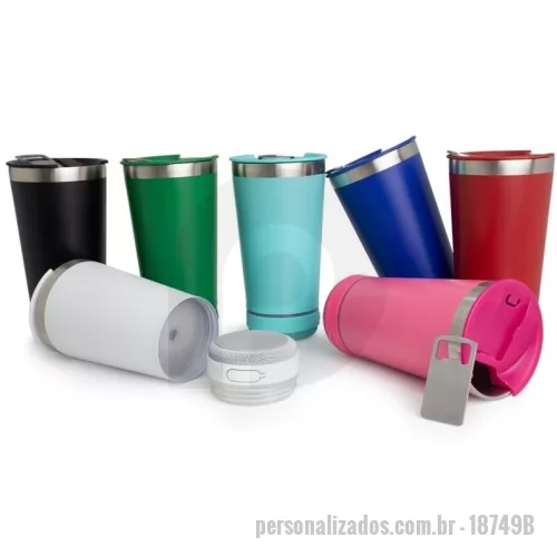 Copo térmico personalizado - Copo térmico de inox com caixa de som e capacidade 400ml. Contém tampa com abridor. Caixa de som possui botão para ligar/desligar, botões para aumentar diminuir volume/ avançar e retroceder faixas. Operante no modo bluetooth. Acompanha cabo USB Tipo-C. Obs.: A caixa de som não é a prova dágua, para a higienização do copo é necessário desrosquear a caixa de som para remove-la.  Altura :  18,4cm  Largura :  9,3cm  Circunferência :  28,7cm  Medidas aproximadas para gravação (CxL):  11 cm x 3 cm  Peso aproximado (g):  358