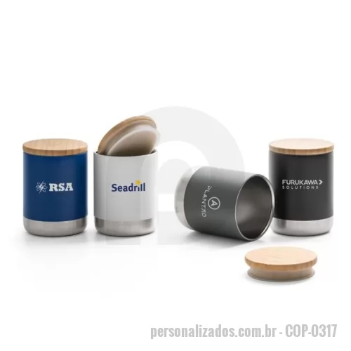 Copo térmico personalizado - Copo em aço inox com parede dupla isolada a vácuo, parede interna revestida de cobre e tampa em bambu com vedante de silicone para proteção extra (térmico). capacidade até 370 mL e mantém as bebidas quentes por 5 h e frias por 24 h. Contém revestimento em pó que lhe confere mais durabilidade e resistência.