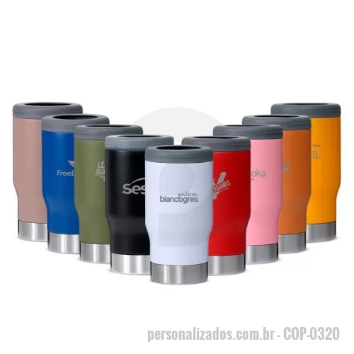 Copo térmico personalizado - Copo térmico multiuso com parede dupla em inox, capacidade de 380ml. Pode ser utilizado como copo, porta long neck ou porta lata. Contém abridor de garrafa na parte inferior do copo.