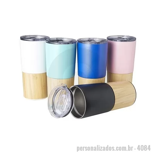 Copo térmico personalizado - Copo térmico de inox 600ml com parede dupla e detalhe de bambu. Tampa com acesso ao bocal e trava de segurança.
