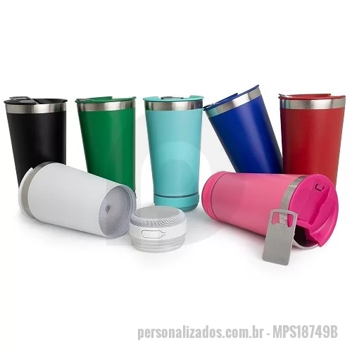 Copo térmico personalizado - Copo térmico de inox com caixa de som. Contém tampa com abridor. Caixa de som possui botão para ligar/desligar, botões para aumentar diminuir volume/ avançar e retroceder faixas. Operante no modo bluetooth. Acompanha cabo USB Tipo-C. Obs.: A caixa de som não é a prova dágua, para a higienização do copo é necessário desrosquear a caixa de som para remove-la.