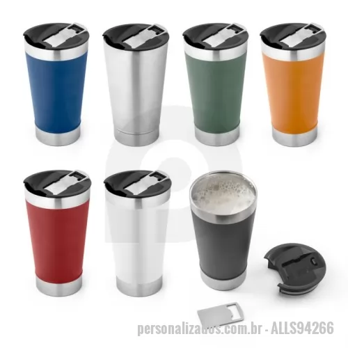 Copo térmico personalizado - Copo de viagem em aço inox térmico, com parede dupla isolada a vácuo. Capacidade até 630 mL. A tampa inclui um abridor de garrafas. Ideal para preservar as suas bebidas frias ou quentes. Fornecido em caixa presente de papel kraft.
