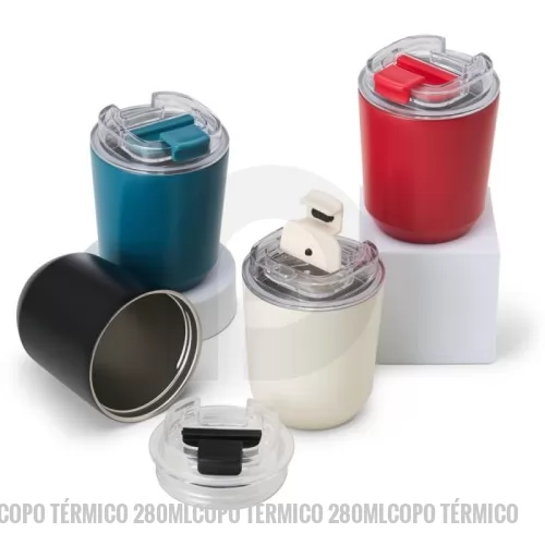 Copo térmico personalizado - Descrição: Feito para manter as bebidas na temperatura ideal por horas, nosso copo térmico de 280ml é eficiente e funcional. Projetado com parede dupla de aço inoxidável, o copo possui uma tampa plástica com acesso ao bocal, além de uma tampa protetora para evitar derramamentos durante o transporte.  Altura :  11 cm  Largura :  8,5 cm  Circunferência :  26,3 cm  Medidas aproximadas para gravação (CxL):  5 cm x 3 cm  Peso aproximado (g):  194