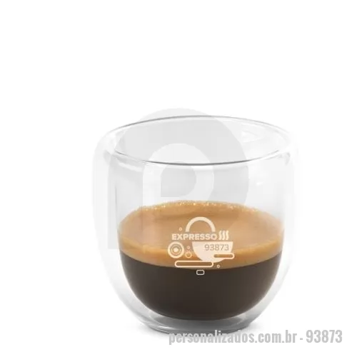Copo térmico personalizado - Conjunto de café em vidro isotérmico (borossilicato) com 2 copos com parede dupla isolada a ar e capacidade até 75 mL. Fornecido em caixa presente personalizável. Certificação EU Food Grade. Caixa: 133 x 65 x 65 mm