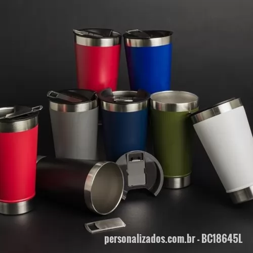 Copo térmico personalizado - Copo térmico de inox com acabamento liso e capacidade 500ml, material livre de BPA. Contém tampa com abridor.