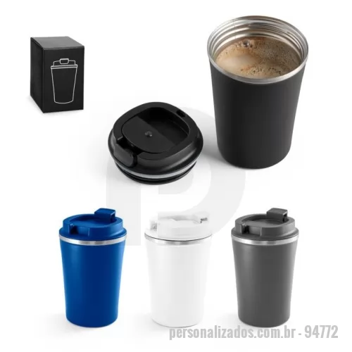 Copo térmico personalizado - Copo de viagem em aço inox e PP, térmico com parede dupla isolada a vácuo. Capacidade até 470 mL. Acabamento mate e revestimento em pó que lhe confere mais durabilidade e resistência. Preserva as bebidas quentes por 8h e frias por 24h. Fornecido em caixa presente. Certificação EU Food Grade. ø90 x 150 mm