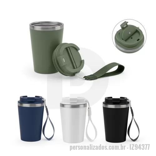 Copo térmico personalizado - Copo de viagem em PP e aço inox 90% reciclado, com parede dupla e acabamento em mate. A tampa em PP é à prova vazamento e incorpora uma pega, em PU e PET, que facilita o seu transporte. Capacidade até 460 mL. Fornecido em caixa presente de papel kraf