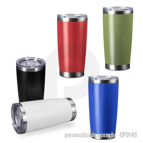 Copo térmico personalizado - Copo Térmico 520ml em aço inox com pintura eletrostática. Sua parede dupla, aliada à tampa plástica com vedação a vácuo e ao bocal com trava de segurança, assegura a conservação da temperatura das bebidas por muito mais tempo