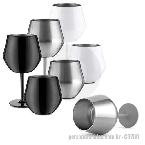 Copo térmico personalizado - Copo/taça térmico de 350 ml brilhosa, em inox (interno 304 / externo 201), haste removível em plástico PP, discos de borracha para estabilidade. Gravação da logomarca a laser já incluso.
