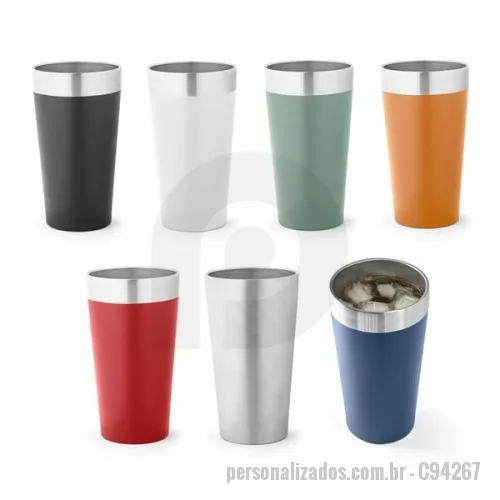 Copo térmico personalizado - Copo de viagem em aço inox térmico, com parede dupla isolada a vácuo. Capacidade até 540 mL. Ideal para preservar as suas bebidas frias ou quentes. Fornecido em caixa presente de papel Kraft reciclado. Certificação EU Food Grade. Gravação da logomarca a laser já incluso.