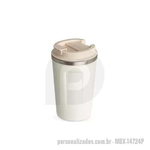 Copo térmico personalizado - Copo térmico de inox 350ml com parede dupla, parte inferior com borracha antideslizante e tampa rosqueável com abertura de bocal.