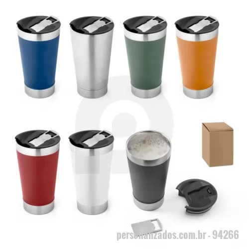 Copo térmico personalizado - Copo de viagem em aço inox térmico, com parede dupla isolada a vácuo. Capacidade até 630 mL. A tampa inclui um abridor de garrafas. Ideal para preservar as suas bebidas frias ou quentes. Fornecido em caixa presente de papel kraft reciclado. Certificação EU Food Grade. ø97 x 171 mm