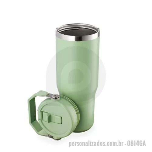 Copo térmico personalizado - Copo térmico inox com a capacidade máxima de 800ml. Apresenta estrutura em parede dupla, tampa plástica rosqueável com vedação a vácuo com alça fixa em inox e uma camada em plástico, além de bico flexível. Acompanha canudo plástico para encaixe interno.