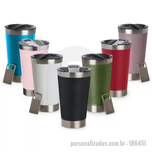 Copo térmico personalizado - Copo térmico de inox com acabamento liso, e capacidade para 500 ml, material livre de BPA, acompanha tampa plástica com abridor.