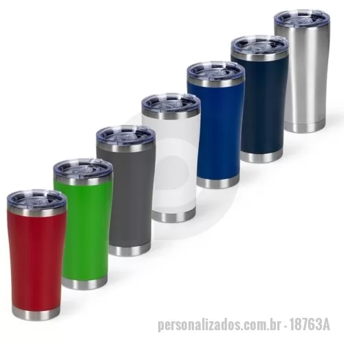 Copo térmico personalizado - Descrição: Copo térmico em aço inox 304, com capacidade máxima de 550 ml. Apresenta construção em parede dupla e tampa plástica de pressão, com sistema não rosqueável, proporcionando fechamento eficiente, dificultando vazamentos. Conta também com anel de vedação e protetor deslizante para o bocal, que contribuem para a qualidade da bebida.  Altura :  17,8 cm  Largura :  9,1 cm  Circunferência :  27,7 cm  Diametro :  8,4 cm