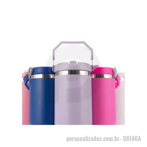 Copo térmico personalizado - Copo térmico inox com a capacidade máxima de 800 ml. Apresenta estrutura em parede dupla, tampa plástica rosqueável com vedação a vácuo com alça fixa em inox e uma camada em plástico, além de bico flexível. Acompanha canudo plástico para encaixe inte