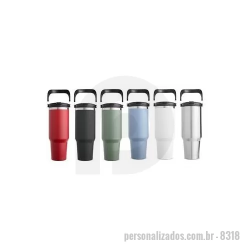 Copo térmico personalizado - Copo térmico em inox com capacidade de até 1,25 litro. Possui estrutura de parede dupla e tampa plástica rosqueável com vedação a vácuo, o que permite conservar a temperatura de líquidos por mais tempo. Conta ainda com alça para transporte em inox co