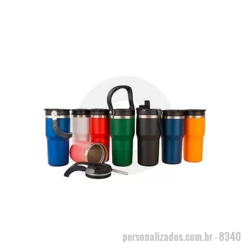Copo térmico personalizado - Copo térmico em inox com pintura eletrostática e capacidade máxima de 600 ml. Conta com estrutura de parede dupla e vedação a vácuo que permite a conservação da temperatura de líquidos por mais tempo. Possui tampa plástica rosqueável com protetor par
