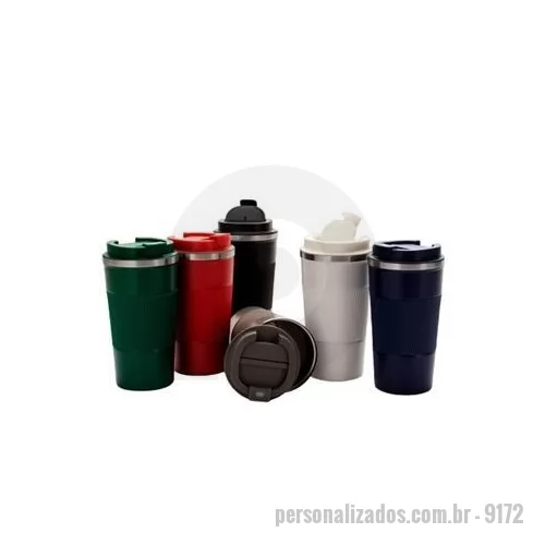 Copo térmico personalizado - Copo térmico em inox 304 com pintura eletrostática e capacidade de até 500 ml. Possui parede dupla, vedação a vácuo e base emborrachada antiderrapante. Conta ainda com tampa rosqueável em plástico com trava no bocal e luva removível em silicone. Altu