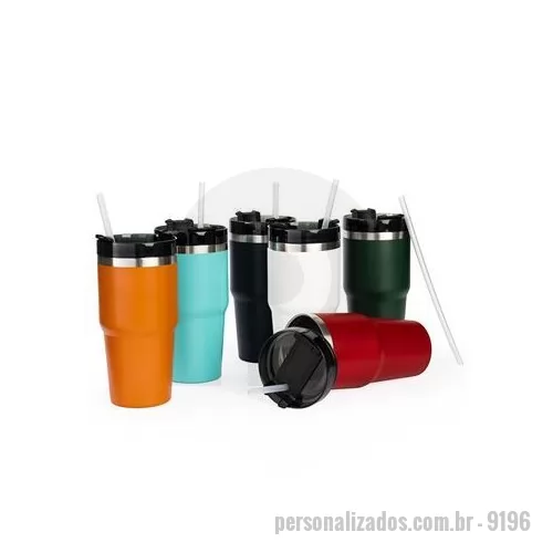 Copo térmico personalizado - Copo térmico com capacidade para até 600 ml. Possui estrutura de parede dupla com interior em inox 304 e exterior em inox 201 e pintura em spray, além de tampa rosqueável em polipropileno PP , com abertura por mecanismo giratório e entrada para canud